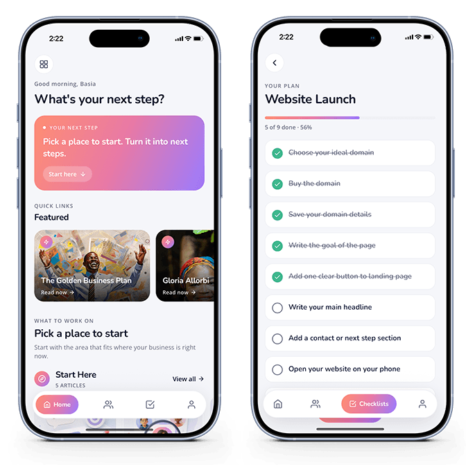 Two phones showing the Smallness checklist screen